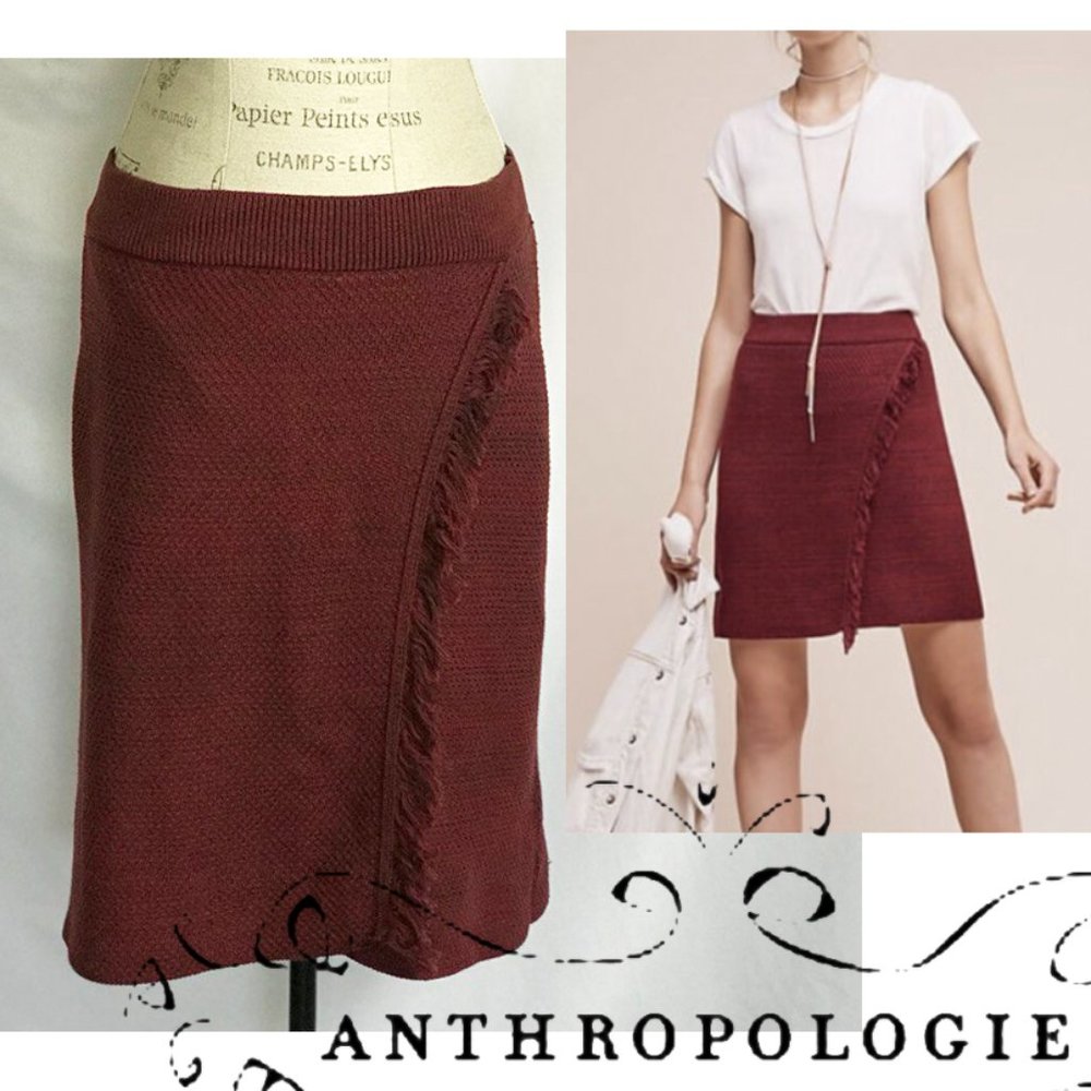 Anthropologie Maeve Arnhem Fringed Sweater Skirt Burgundy Wine Color